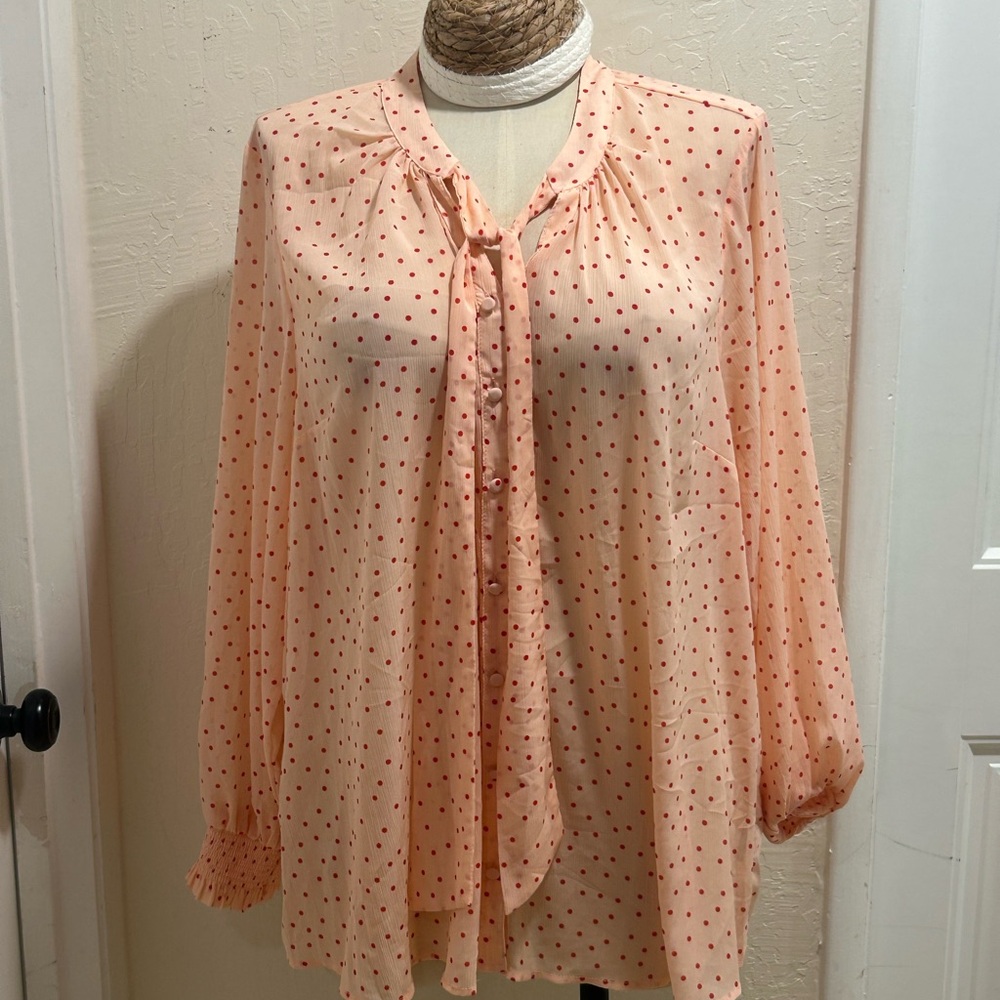 torrid Peach Blouse with Red Polka Dots and Neck Tie